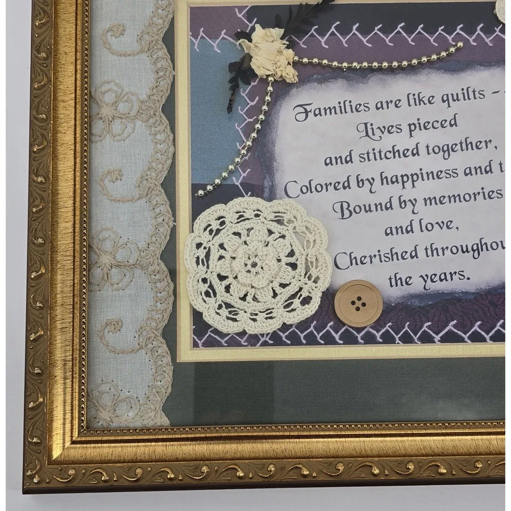 Vtg Handmade Framed Collage 'Families are Like Quilts' Poem Lace Button Crochet